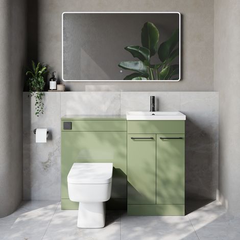 Napoli 390 Cento Olive Green 1100mm 2 Door Vanity Unit Toilet Suite with Glide Basin - 1100mm - Matt Black 160mm HandleWith Kingston Toilet Pan and Seat