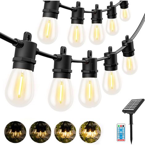 Guirlande lumineuse solaire d'extérieur de 15 m, lampe solaire de jardin avec télécommande et 15+1 ampoules LED S14, étanche IP44, minuterie (1/4)