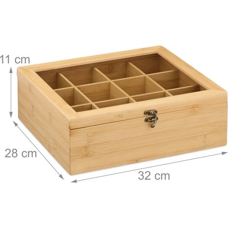 Boîte à thé 12 compartiments design pratique maison fenêtre rangement épuré en bambou naturel (1/4)