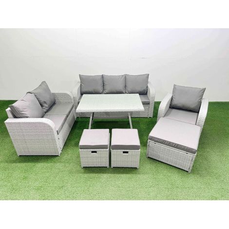 Fimous Rattan High Back Lounge Sofa Set Patio Dining Table & Chairs Set with 3 Seater Sofa Reclining Chair 3 Stool Light Grey (1/4)