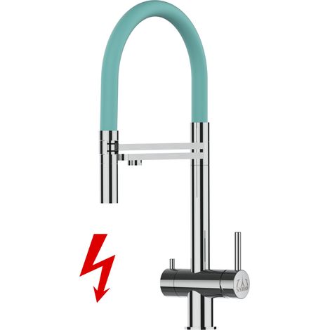 NIEDERDRUCK 3 Wege Edelstahl Massiv Küchenarmatur Spültischmischer, mit 360° schwenkbarem Türkis Auslauf und 2 strahl Handbrause - Hochglanz (1/5)
