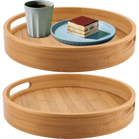 Lot de 2 Plateaux, Bambou Naturel, Poignées Ergonomiques, Diamètre 30 cm, Pour Petit Déjeuner Et Apéritif (1/5)