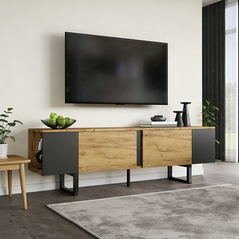 Mueble TV con 2 Puertas y Estantes Abiertos, Bisagras de Cierre Suave, para Salón, 180×40×55 cm, en Tablero de Partículas, Madera Natural y Negro (1/5)