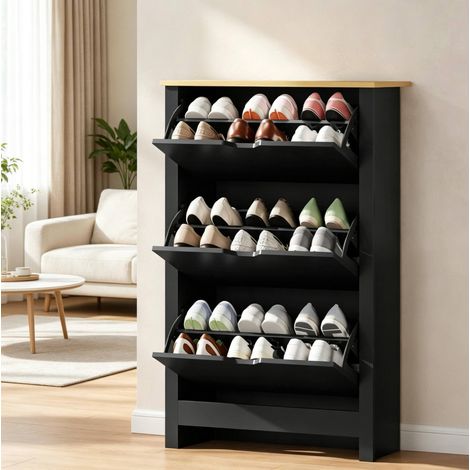 Zapatero negro 72x26x112 cm con 3 puertas, 2 niveles por puerta y superficie superior (1/5)