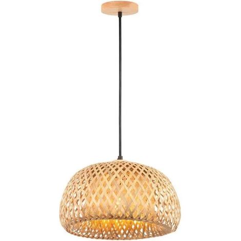 Moderne Suspension Luminaire Industriel,30cm Retro Lustre Abat-jour en Bambou Design Ovale E27 Plafonnier Style Bohème,Marron (1/5)