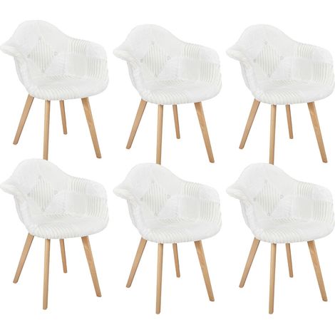 ROHAN - Lot de 6 Fauteuils Imitation Laine Motif Patchwork Blanc (1/5)