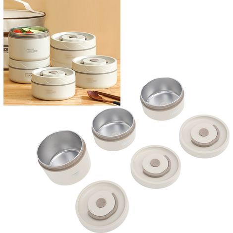 Boîte à lunch portable en acier inoxydable 304 avec couvercle, ronde et hermétique, blanc cassé, lot de 3 + sac isotherme (1/5)