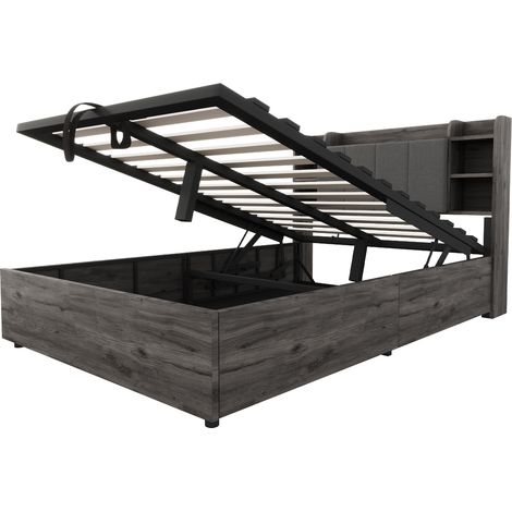 Hydraulisches Stauraumbett 140 x 200 cm Grau mit Kopfteilablagen, USB und USB-C (1/5)