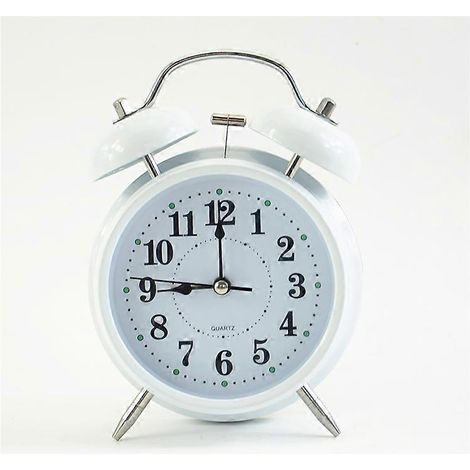 Réveil silencieux, réveil à piles, réveil à quartz rétro à double cloche, veilleuse de chambre, blanc. (1/5)