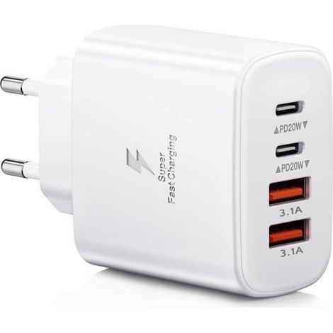 KLVGTIFS PU - Chargeur USB C, 40W 4 Ports USB C Mural Chargeur Double Port PD+QC, Multiple Chargeur Compatible pour iPhone /Samsung/iPad/Tablette (1/5)