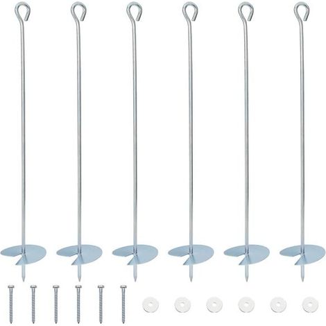 Ancrages au sol, 6 pièces, argentés, 10 cm de diamètre x 60 cm de longueur, métal galvanisé.