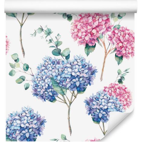 Papel pintado de hortensias con eucalipto para salón y dormitorio, 50x1000 cm. (1/5)