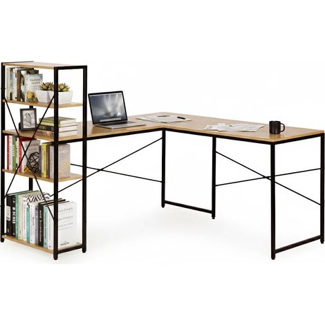 Escritorio esquinero con 4 estantes, MDF y metal, estilo loft. (1/5)
