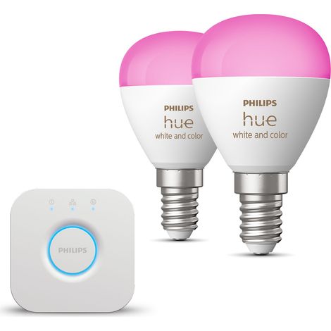 Philips Hue Kit de démarrage E14 avec 2 Ampoules Sphérique Lumière blanche et colorée - Comprend 1 Bridge - White et Color Ambiance (1/5)