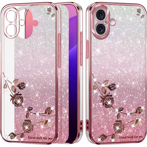 Custodia per iPhone 16 Plus, fiore glitterato, oro rosa (1/4)