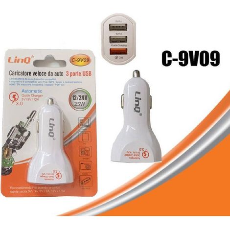 Linq - Caricabatteria Da Auto Caricatore Ricarica Veloce 3 Porte Usb 12/24v 25w C-9v09 -