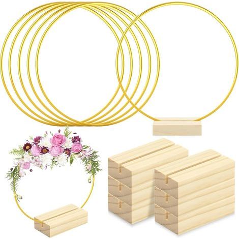 LEKEFETO Lot de 6 anneaux en métal doré de 30 cm avec support en bois : anneaux décoratifs en métal avec support, anneau de décoration avec pied, bricolage, couronne, attrape-rêves, pour bricolage (1/5)