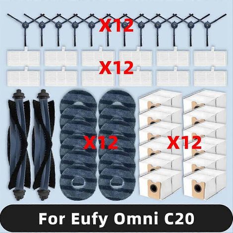 Ersatzteile für den Eufy Omni C20 Saugroboter: Hauptseitenbürste, HEPA-Filter, Reinigungstuch, Staubbeutel.