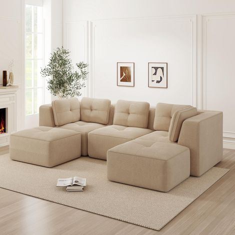 Canapé d'angle en U sans cadre, canapé modulable avec pouf, idéal pour le salon, canapé trois places en velours côtelé avec assise profonde, livré monté, beige