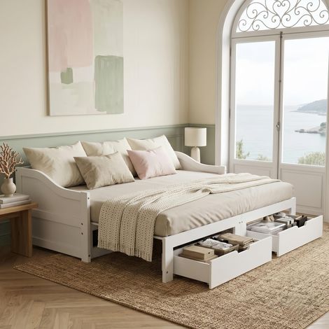Canapé convertible 90/180x200 cm bois massif Blanc - Lit Banquette Gigogne Extensible avec 2 tiroirs - sommier à lattes -Design Scandinave (1/5)