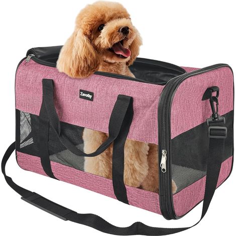 1 - Sac Transport Chat Chien - Caisse de Transport Pliable - Bandoulière Réglable et Panneau en Maille Respirante - Pour Voyage et Extérieur - Rose - 42x25x29cm (1/5)