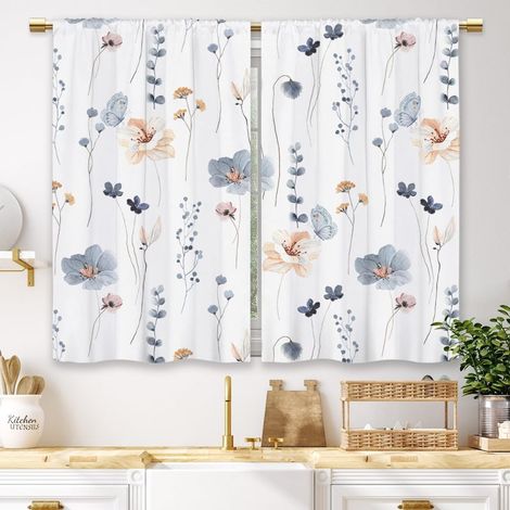 Rideaux de cuisine bleus à fleurs aquarelle style bohème, petits rideaux courts style café, motif minimaliste de feuilles botaniques, passe-tringle, pour salle de bain, salon, chambre (26 x 30 pouces)