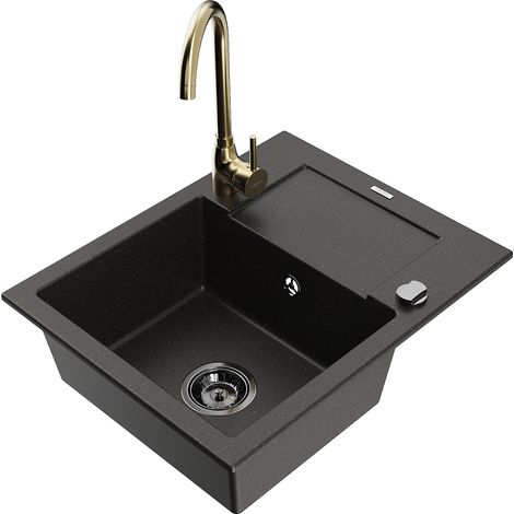 Mexen Enzo lavello in granito a 1 vasca con scolapiatti e rubinetto da cucina Telma, nero/oro - 6506-75-670200-50-B (1/5)