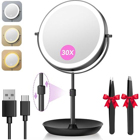 Miroir Grossissant Lumineux 3000mAh, Hauteur Réglable, Noir (1/5)