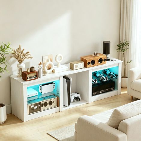 Meuble TV avec éclairage LED pour téléviseurs jusqu'à 70 pouces (160 cm) avec étagères en verre réglables (1/5)