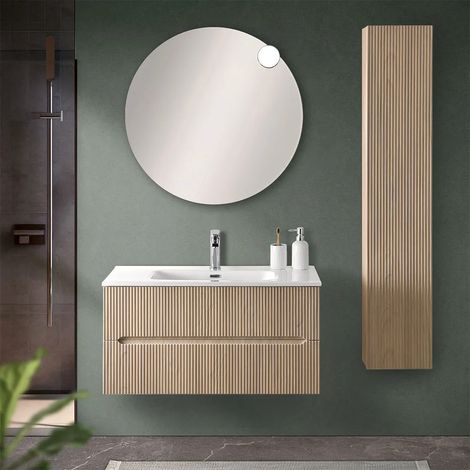 Mobile bagno sospeso cannettato 90 cm rovere chiaro con specchio Bali (1/5)