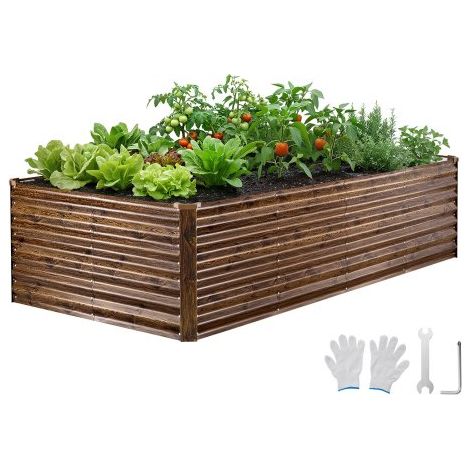 Cama Elevada de Jardín 240 x 120 x 62 cm Rectangular, Arriate de Jardín de Metal con Fondo Abierto, para Cultivo de Flores Plantas Verduras con Accesorios para Terraza Patio, Color de Madera (1/5)