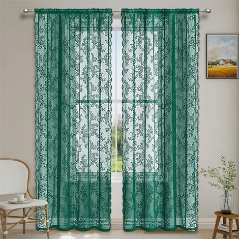 Rideaux en Voile à Dentelle Verts 2 Pièces 100 × 250 cm, Rideau de Fenêtre Moderne, pour Salon Chambre Cuisine Décor (1/5)