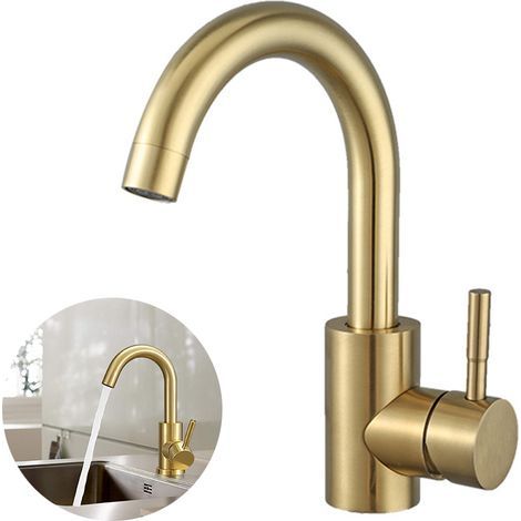 Csparkv – Robinet de lave-mains doré brossé – Mitigeur lavabo pivotant 360° – Acier inoxydable 304 – Économie d'eau 30% – Montage au pont (1/5)