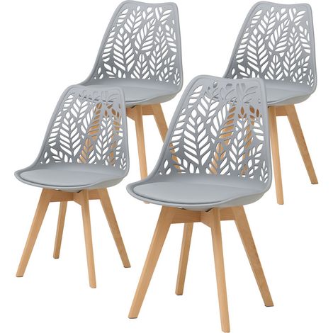 Wokaka - Lot de 4 Chaise de Salle à Manger Design Scandinaves - Dossier Ajouré Feuillage Gris -  Pieds en Bois de Hêtre