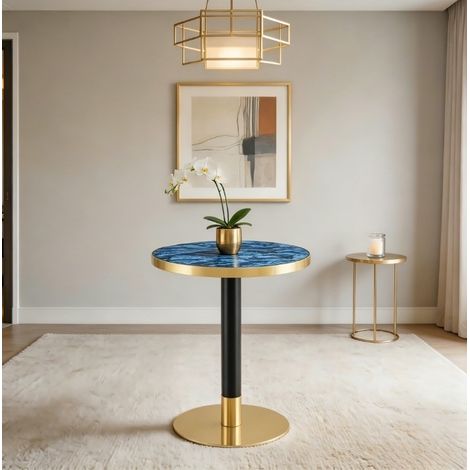 Tavolino rotondo moderno in MDF blu effetto marmo, base in metallo nero e oro, Ø 60 cm (1/3)