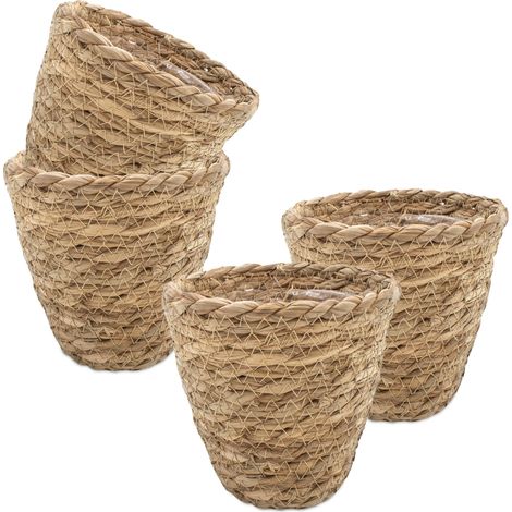 Seegras Pflanztopf natur mit Folie 14 x 12 cm - 4er Set - Naturfaser Blumentopf zum direkten Bepflanzen