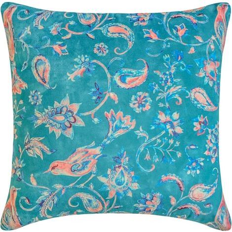 Housse de coussin décorative bleue 18 pouces x 18 pouces bordée de velours - imprimé oiseaux et cachemire, convient aux coussins de 45 x 45 cm, idéale pour les canapés et les chambres. (1/5)