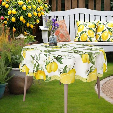 nappe ronde blanche délicate à motif de feuilles vertes et de citrons, nappe à thème pique-nique, résistante aux taches pour un usage quotidien. (1/4)