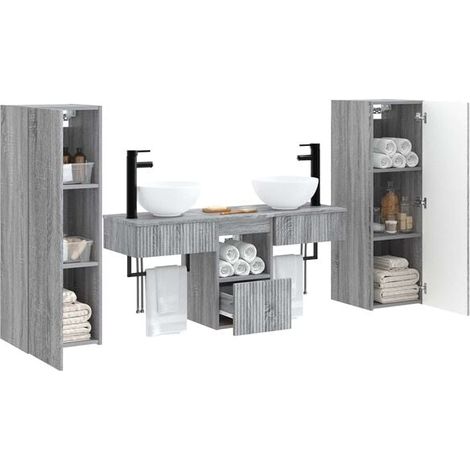 Ensemble de Meubles de Salle de Bain 5 Pièces - Style Sonoma Gris, Armoire de Toilette avec Lavabo et Miroir, Rangement Moderne pour WC (1/5)