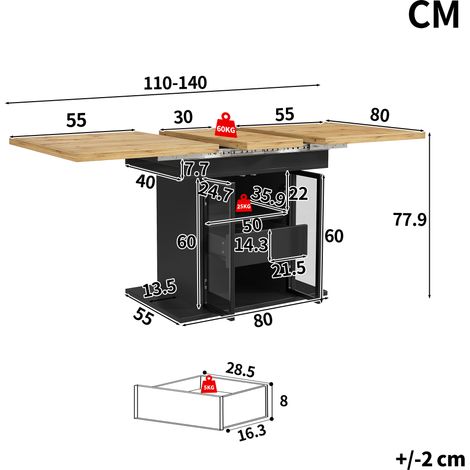 Table extensible avec rangement et éclairage LED RGB, 110-140 cm, portes coulissantes en verre et poignées cachées, blanc/noir (1/5)