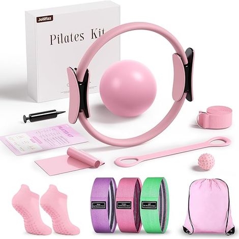 Kit Pilates - Anneau Pilates 30 cm - Ballon Pilates 25 cm - 3 Bandes de Résistance en Tissu - Ballon de Massage - Guide d'Entretien - 11 Pièces (1/3)
