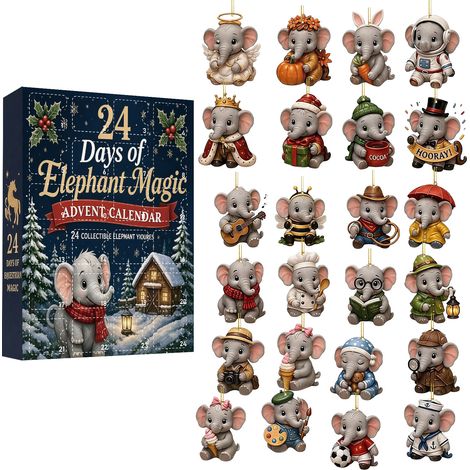 Elefanten-Adventskalender 2026 – 24-teilig – grau-mehrfarbig – Acryl – 8 cm flache Anhänger – Elefantenmotiv – Christbaumschmuck – geeignet für Weihnachten und als Dekoration im Innenbereich (1/5)