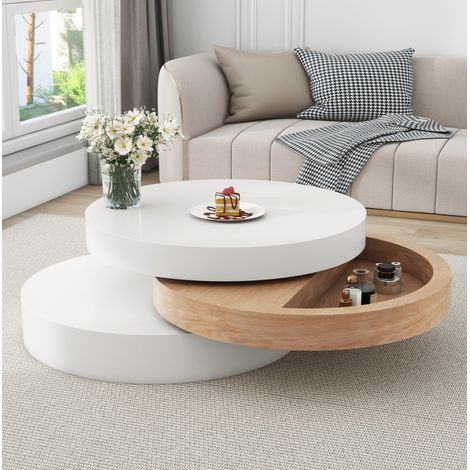 Table basse ronde rotative 360° blanche et bois naturel avec 3 niveaux, rangement caché et extension jusqu'à 88 cm (1/5)