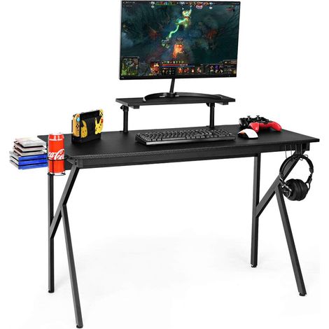 Scrivania Gaming Scrivania Ufficio Computer Tavolo per Computer, con Supporto per Cuffia, Tazze e Audio, Nero, 132 x 60 x 90,5-99,5cm (1/5)