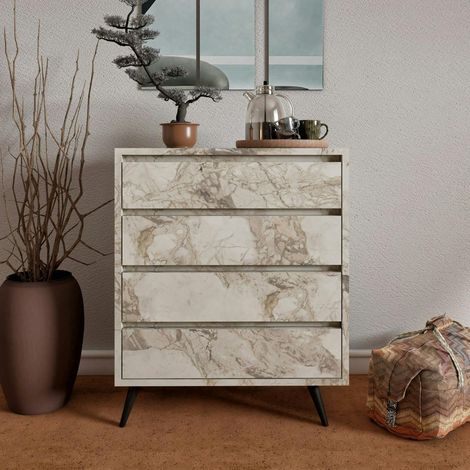 Commode moderne 4 tiroirs effet marbre, pieds noirs MARFA (1/5)