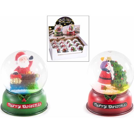 Palla a neve di Natale con luci LED e Babbo Natale. Base in resina colorata e decorata con scritta Merry Christmas, set da 12 pezzi, Ø 7 cm x 8 H