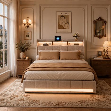 HYTKKBD - Lit Double 160x200 cm avec 4 Tiroirs,Lit Adulte avec Éclairage LED et Ports USB,Cadre de Lit avec Sommier à Lattes,Facile à Assembler,Tissu en Lin - Beige (1/5)