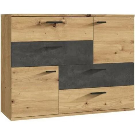 Commode 2 portes 4 tiroirs décor chêne artisan béton gris - DEST (1/4)