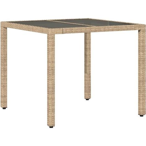 Table de jardin, plateau en verre beige, 90 x 90 x 75 cm, résine tressée (1/5)