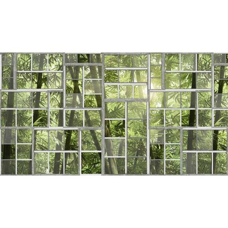 Papier peint panoramique trompe l'oeil jungle & fenêtre Tapisserie panoramique verte forêt de bambous Papier peint panoramique idéal cuisine (1/3)